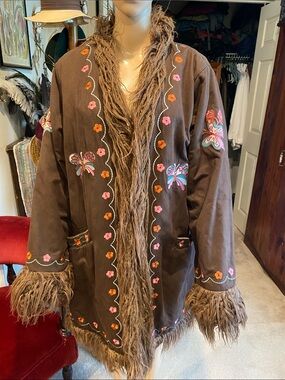 The Hippie Shake Embroidered Brown Faux Suede & Fur Trim Women's Jacket